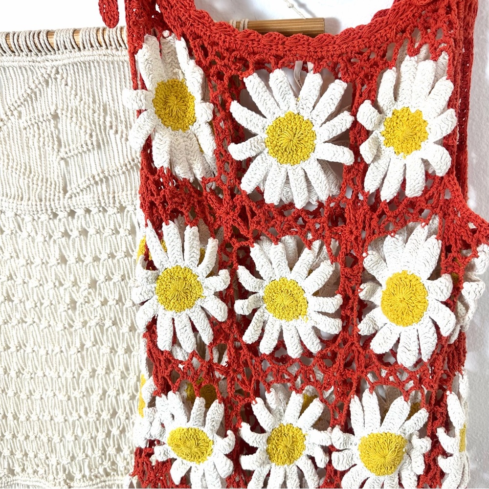 🌼 Anthropologie Floral Daisy Orange White Sun Flower Crochet Beach Dress M/L - Picture 2 of 10
